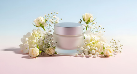 Cosmetic cream jar surrounded by white flowers on a pastel background