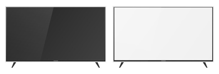 TV flat screen. Dark and light display. Realistic mockup of television. Household electrical appliance front view. Isolated multimedia slim equipment. Vector 3D plasma monitors set
