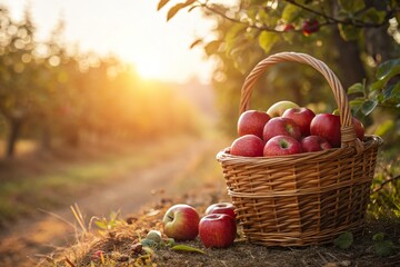 A wicker basket filled with fresh red apples resting on the ground in a sunlit orchard