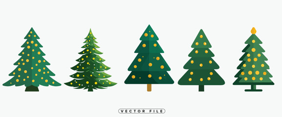 Collection of various Christmas tree illustrations with decorative lights