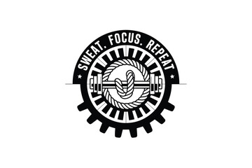 Obraz premium Black and white graphic featuring a barbell with rope knot and motivational text on a gear design