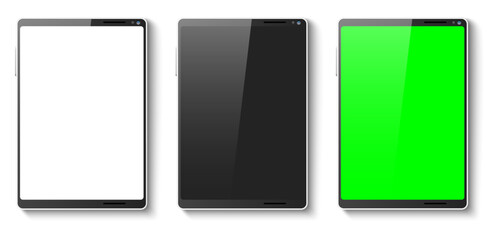 Realistic tablet mockup with white, black and green screens. 3D gadgets front view. Display interface. Mobile application. Digital technology. Vector devices set on white background