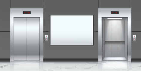 Realistic modern open and closed elevator with large mockup of advertising poster on wall. Blank billboard. Steel lift doors. Chrome 3D doorway. Hall empty banner. Vector background © VectorBum
