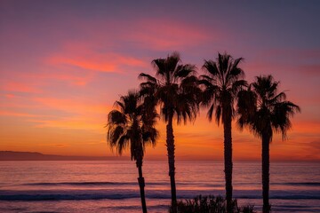 Sunset Over Ocean with Silhouette of Palm Trees at Dusk