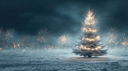 Festive Christmas Tree Sparkling With Lights Against Night Sky With Fireworks Display Background