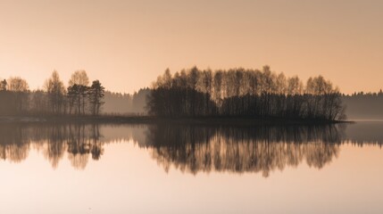 Fototapeta premium A serene lake mirroring golden sunset and forest, creating a perfectly symmetrical dreamscape.