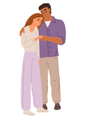 Man comforts crying woman. People hug. Guy caring and helping to upset girl. Soothing embrace. Psychological support. Manifestation of empathy. Solidarity to worried person. Vector concept