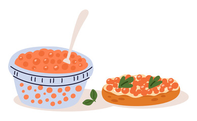 Fish caviar platter. Sandwich with bread, butter, salmon caviar and greens. Delicatessen snack. Seafood bowl. Restaurant food. Delicious lunch. Salty gourmet product. Vector concept