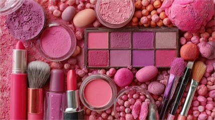 Assorted pink makeup products on a bed of pink granules