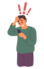 Confused man stares into smartphone. Frightened guy shocked over text message. Surprised male holding phone. Emotion expression. Disappointed person. Mobile messenger. Vector concept