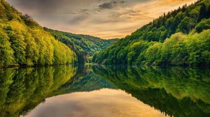 Fototapeta premium A serene lake mirroring golden sunset and forest, creating a perfectly symmetrical dreamscape.