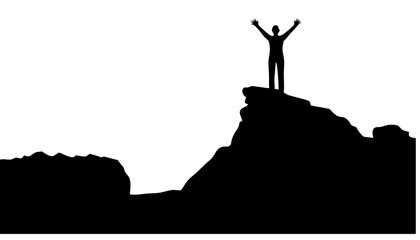 Obraz premium Silhouette of a person standing on a rocky peak with arms raised in the air against a white background scene