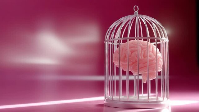 A brain is in a cage, which is a symbol of confinement and restriction. The pink color of the cage and the brain adds a sense of vulnerability and helplessness to the image