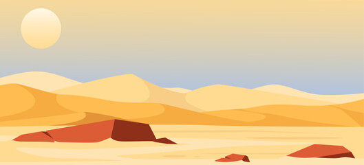 Beautiful desert landscape with sand dunes and red rocks. Drought arid climate. Scenic panorama. Sandstone cliffs. Sahara scene. Wilderness nature. Sandy barchans. Vector background