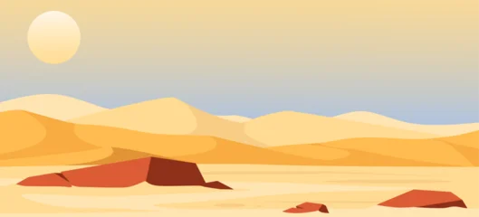 Fotobehang Beige Beautiful desert landscape with sand dunes and red rocks. Drought arid climate. Scenic panorama. Sandstone cliffs. Sahara scene. Wilderness nature. Sandy barchans. Vector background  © VectorBum