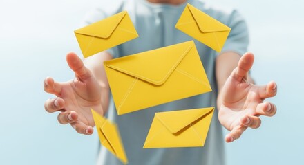 Person Catching Floating Yellow Envelopes: Email Marketing Concept for Business Communication and Digital Notifications