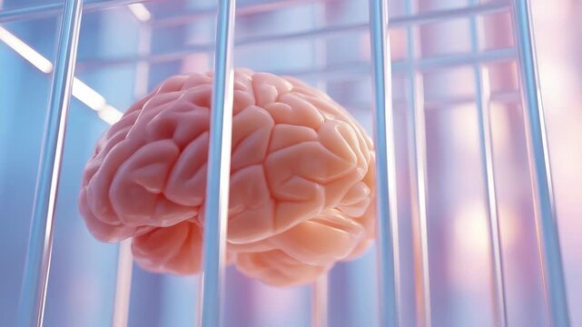 A brain is inside a cage. The cage is made of metal bars. The bars are close together