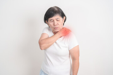 Elderly Woman having Shoulder Pain for Muscle Inflammation and Sprain, Myofascial ache syndrome and...