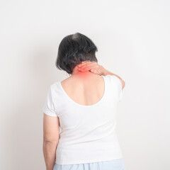 Elderly Woman having Neck pain for concepts of Neck Muscle Strain and Inflammation, Myofascial pain...
