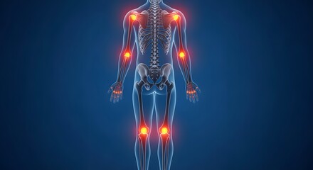 Human Skeleton Anatomy with Red Pain Points on Blue Background