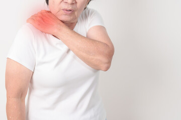 Elderly Woman having Shoulder Pain for Muscle Inflammation and Sprain, Myofascial ache syndrome and...