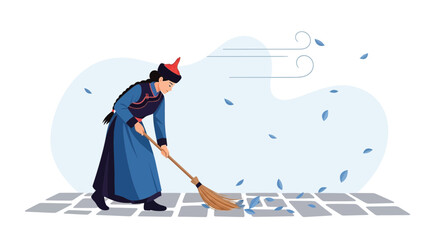Fototapeta premium Mongolian Woman Sweeping Leaves on a Windy Day Depicting Traditional Life