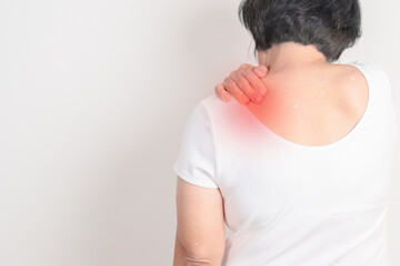 Elderly Woman having Shoulder Pain for Muscle Inflammation and Sprain, Myofascial ache syndrome and...