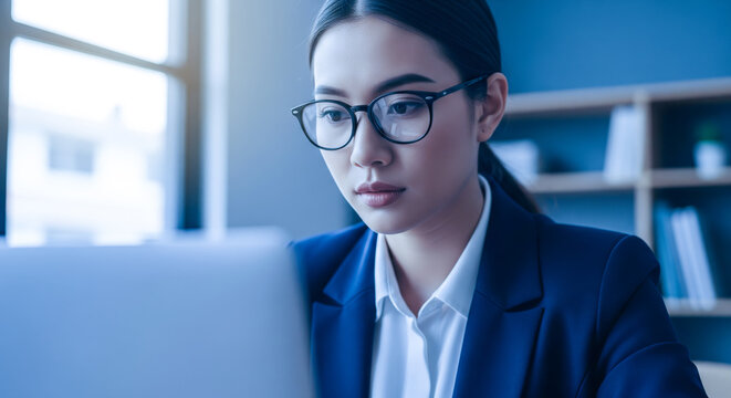 Business technology concept showing asian woman working on computer at night, serious female programmer coding on laptop in dark office with blue light