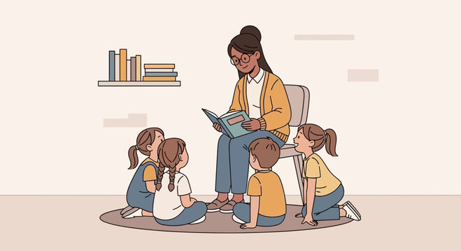 Illustrative depiction of a teacher reading to a group of children in a classroom setting