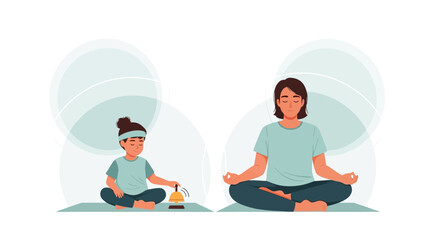 Mother and daughter in meditation pose at home illustration vector format wellness concept lifestyle practicing harmony and mental relaxation