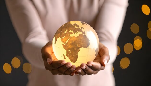 World Humanitarian Day — hands gently holding a glowing globe with Africa illuminated, symbolizing global care, compassion, and interconnected humanity - Powered by Adobe