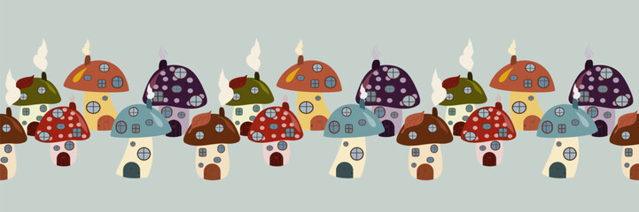 Seamless horizontal border pattern of fairy tale cartoon mushroom houses in various colors, with chimneys and smoke. Ideal for fantasy themes and decorative trims.
