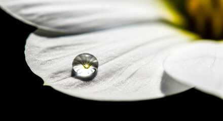 Abstract macro background with beautiful water drop on white flower petal, closeup of fresh morning dew with reflection isolated on dark black backdrop