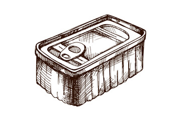 Hand drawn vintage sketch of canned food tin in rustic engraved style for kitchen storage and packaging design