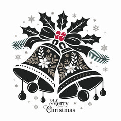 Christmas Bells Clipart &ndash; Black and White Holiday SVG with Holly Leaves, Ribbon Bow & Snowflakes