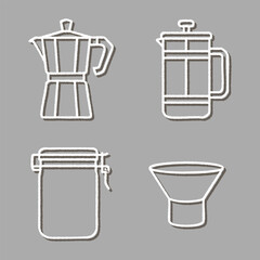 Coffee brewing gear line icons moka pot french press jar and funnel