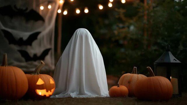A ghostly figure is standing in front of a pumpkin patch with pumpkins and a white sheet