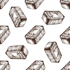 Hand drawn vintage seamless pattern of canned food tin in rustic engraved style for kitchen and packaging design