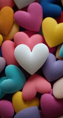 Fototapeta premium Many colorful hearts, a white heart prominent in the center