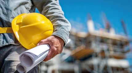 Waist-up close-up of construction worker holding yellow hard hat and blueprints, blurred construction site background under clear blue sky, symbolizing readiness and Labor Day celebration