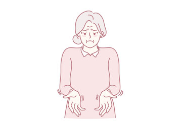 Unhealthy old woman with trembling hands suffer from Parkinson disease. Sick mature grandmother struggle with neurological illness symptoms. Elderly healthcare. Vector illustration.