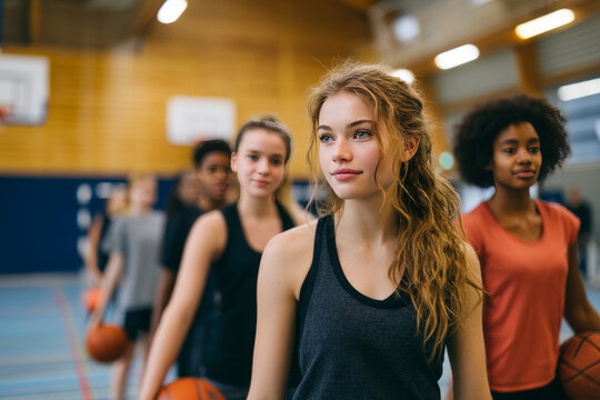 Afternoon in a sports hall with basketball hoops and balls Teens are warming up with stretches before a game