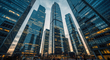 Obraz na płótnie Canvas Modern cityscape background showing tall glass skyscrapers in financial district, low angle view of contemporary office buildings at dusk for corporate business concept