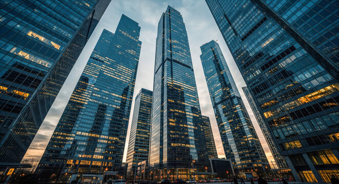 Modern cityscape background showing tall glass skyscrapers in financial district, low angle view of contemporary office buildings at dusk for corporate business concept