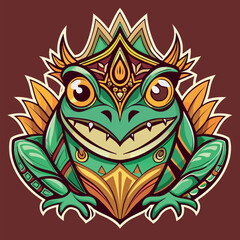 Obraz premium Colorful illustrated frog character with ornate crown and tribal elements in a stylized design