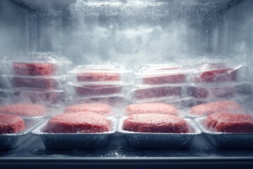 Fresh Ground Meat in Styrofoam Containers in a Frosted Freezer