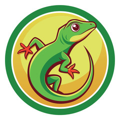 Vibrant green lizard with bright red accents posed in a circular design against a yellow background