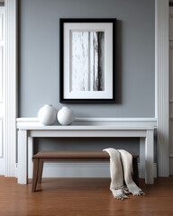 White table wooden bench gray wall framed abstract art two white vases cozy modern minimalist home interior soft light