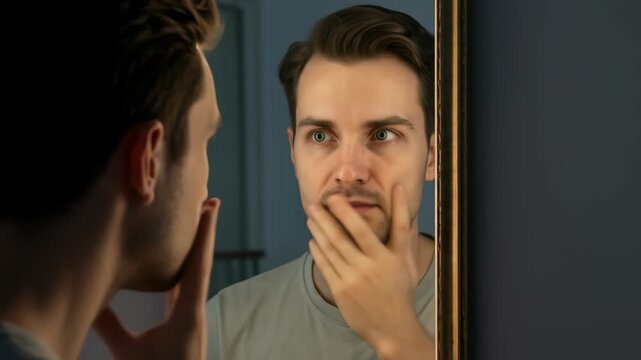 Caucasian man examining his face in a bathroom mirror, assessing skin or appearance with varying expressions, from concern to surprise, footage.