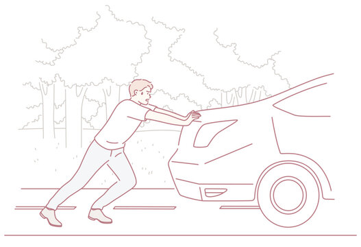 A person is pushing a car past a line of trees, representing the idea of providing help during challenging times